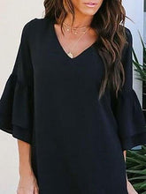 Women Loose Solid Color V Neck Mini Dress With Sleeve